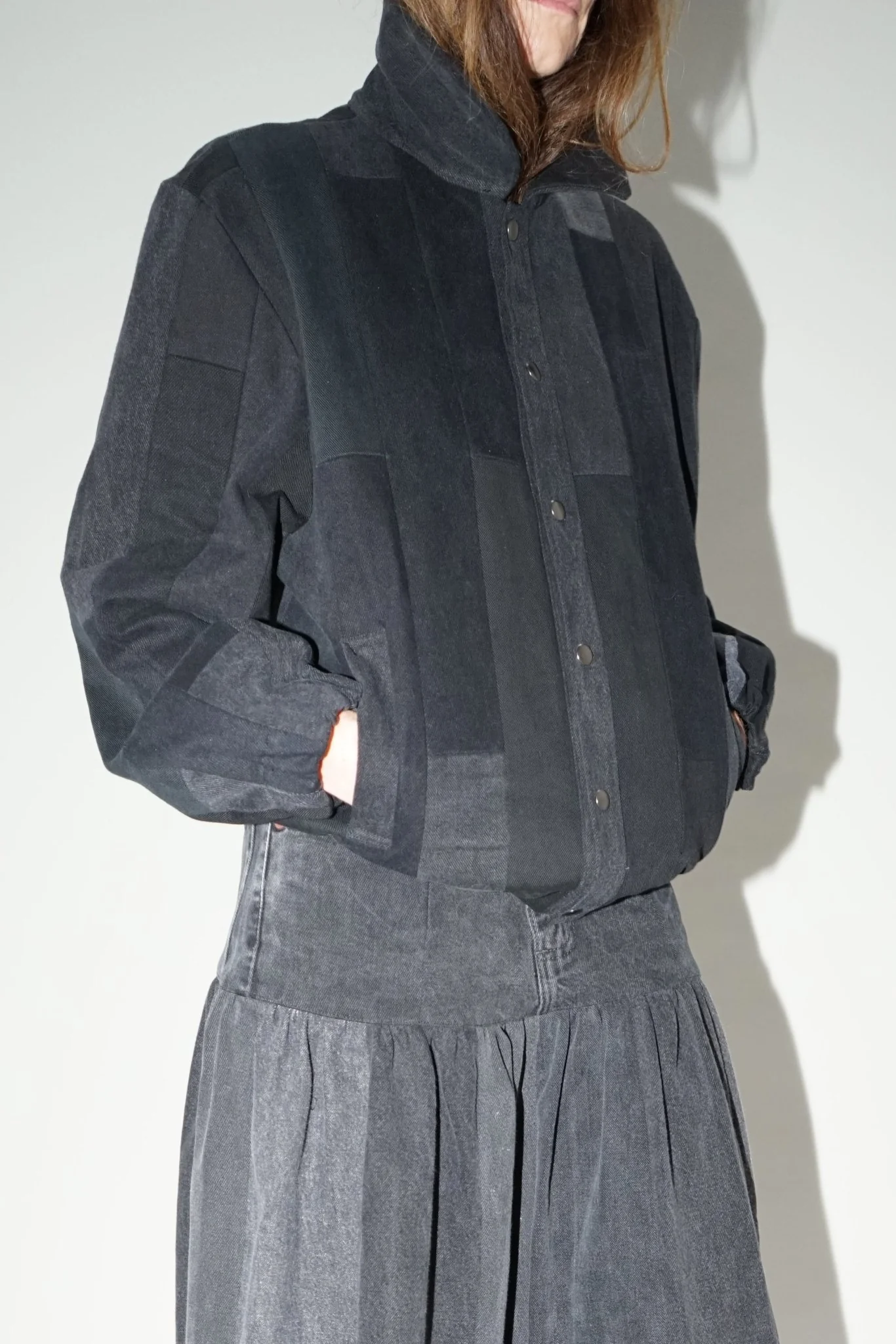 Kara Bomber Jacket Tessellated Denim Patchwork Black Grey - Image 3