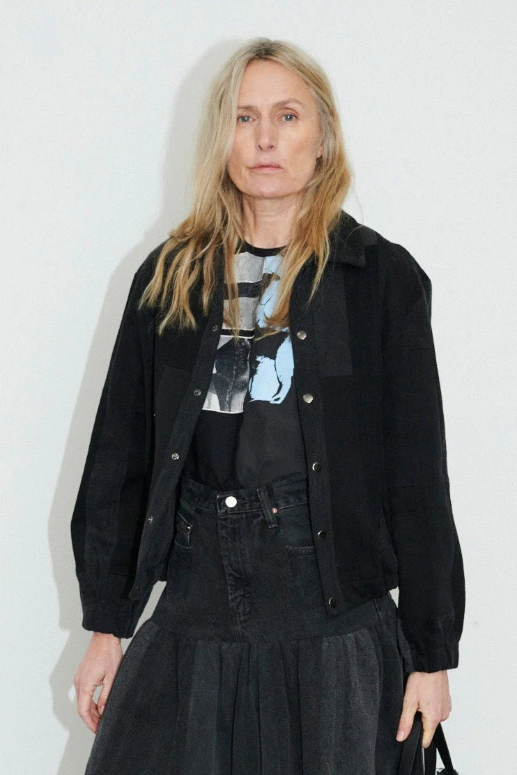 Kara Bomber Jacket Tessellated Denim Patchwork Black Grey - Image 4