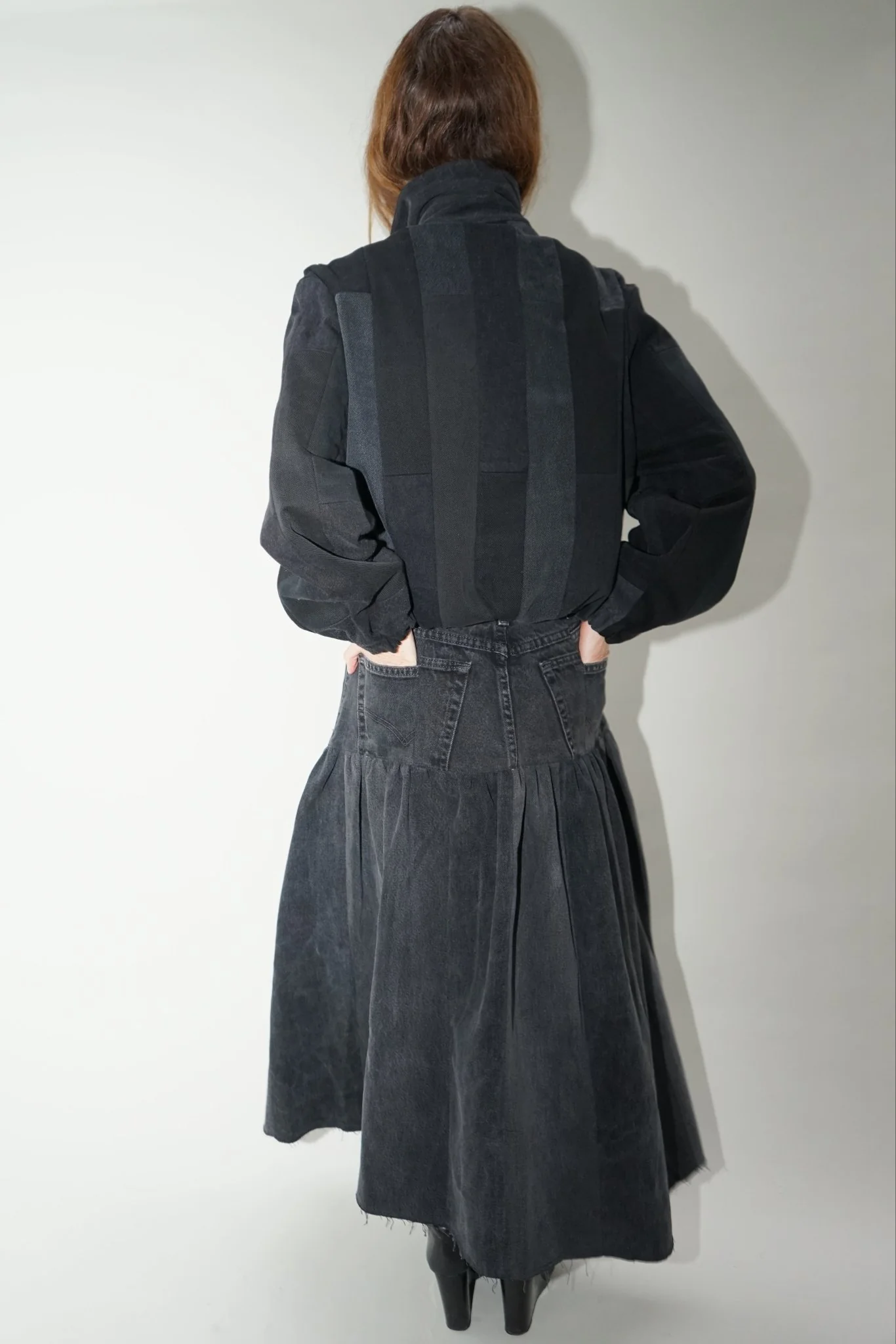 Kara Bomber Jacket Tessellated Denim Patchwork Black Grey - Image 7